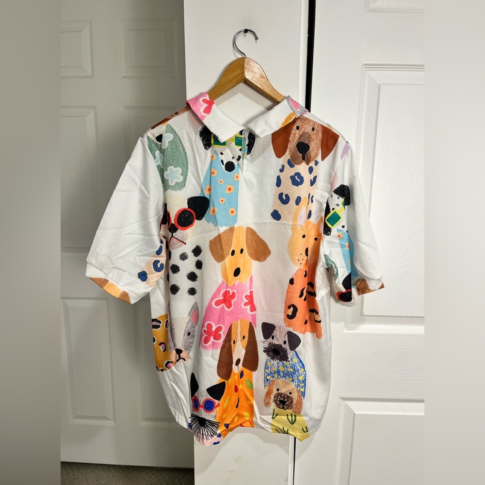 Whimsical Dog Print Short Sleeve Blouse - White Multicolor - Picture 2 of 10